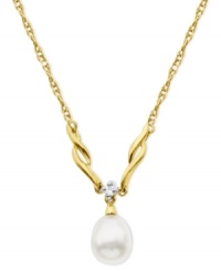 Make waves on the fashion front. Crafted from 10k gold, this necklace features a cultured freshwater pearl (7-9 mm) and a sparkling diamond accent for an elegant effect. Approximate length: 18 inches. Approximate drop: 1/2 inch. Make waves on the fashion front. Crafted from 10k gold, this necklace features a cultured freshwater pearl (7-9 mm) and a sparkling diamond accent for an elegant effect. Approximate length: 18 inches. Approximate drop: 1/2 inch.