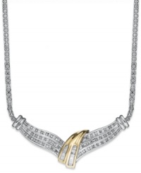Sparkling elegance. This chic twist necklace shines with the addition of round and baguette-cut diamonds (1/2 ct. t.w.). Set in sterling silver with 14k gold accents. Approximate length: 17 inches. Approximate drop width: 1-3/4 inches. Approximate drop length: 5/8 inch. Sparkling elegance. This chic twist necklace shines with the addition of round and baguette-cut diamonds (1/2 ct. t.w.). Set in sterling silver with 14k gold accents. Approximate length: 17 inches. Approximate drop width: 1-3/4 inches. Approximate drop length: 5/8 inch.