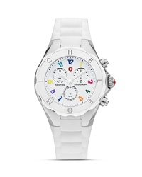 Make a bold, glamorous statement with Michele's jelly bean watch. Styled in polished white stainless steel with bright, multicolored numbers and 3-eye subdial chronograph display. Make a bold, glamorous statement with Michele's jelly bean watch. Styled in polished white stainless steel with bright, multicolored numbers and 3-eye subdial chronograph display.