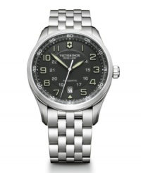 Always prepared, come rain or shine. Airboss watch by Victorinox Swiss Army crafted of stainless steel bracelet and round case with anti-reflective sapphire crystal. Black dial features luminous applied numerals, minute track, military time, date window at six o'clock, luminous hands and logo. Swiss automatic movement. Water resistant to 100 meters. Three-year limited warranty. Always prepared, come rain or shine. Airboss watch by Victorinox Swiss Army crafted of stainless steel bracelet and round case with anti-reflective sapphire crystal. Black dial features luminous applied numerals, minute track, military time, date window at six o'clock, luminous hands and logo. Swiss automatic movement. Water resistant to 100 meters. Three-year limited warranty.