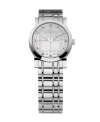 This Burberry watch features a stainless steel bracelet and round case. Check etched dial with logo, diamond accent markers, date window and two hands. Swiss made. Swiss movement. Water resistant to 50 meters. Two-year limited warranty. This Burberry watch features a stainless steel bracelet and round case. Check etched dial with logo, diamond accent markers, date window and two hands. Swiss made. Swiss movement. Water resistant to 50 meters. Two-year limited warranty.