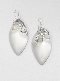 From the Lucite Wanderlust Collection. Graceful almond-shaped drops of hand-painted, hand-sculpted Lucite are adorned with a luminous cluster of moonstone, shell pearls, tinted glass and shimmering Swarovski crystals.MoonstoneCrystalGlassLuciteRhodium platingLength, about 2.25Width, about 1Ear wireMade in USA