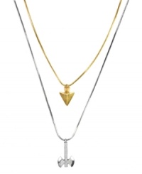 Add some intrigue with this dangerously alluring design. Mixed metal gold and silver-plated necklaces feature spike and axe pendants for an ultra edgy look. Add some intrigue with this dangerously alluring design. Mixed metal gold and silver-plated necklaces feature spike and axe pendants for an ultra edgy look.