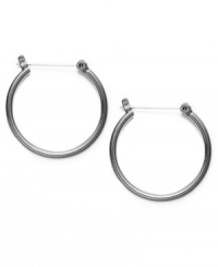 Chic and classic. What could be a better complement for your casual wardrobe than simple yet sleek hoop earrings? Style&co.'s version is crafted in hematite tone mixed metal and equipped with a secure hinge closure. Approximate diameter: 1-1/10 inches. Chic and classic. What could be a better complement for your casual wardrobe than simple yet sleek hoop earrings? Style&co.'s version is crafted in hematite tone mixed metal and equipped with a secure hinge closure. Approximate diameter: 1-1/10 inches.