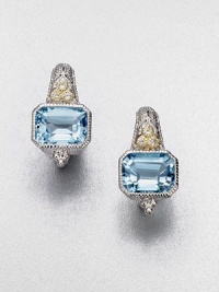 This blue topaz cushion design is accented with white sapphires and 18k gold. Blue topaz18k goldWhite sapphireRhodium-plated sterling silverLength, about .5LeverbackImported This blue topaz cushion design is accented with white sapphires and 18k gold. Blue topaz18k goldWhite sapphireRhodium-plated sterling silverLength, about .5LeverbackImported