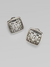 From the Bedeg Collection. Polished squares of sterling silver in a basketwoven design.Sterling silver Width, about ¾ Post and omega clip backs Made in Bali From the Bedeg Collection. Polished squares of sterling silver in a basketwoven design.Sterling silver Width, about ¾ Post and omega clip backs Made in Bali
