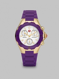 From the Tahitian Jelly Bean Collection. This technical timepiece features a radiant goldtone stainless steel case with a sporty silicone strap. Swiss quartz movementWater resistant to 5 ATMRound goldtone stainless steel case, 40mm (1.5) Enamel logo bezelWhite chronograph dialNumeric hour markersDate sub-dialSecond hand Purple silicone strapImported From the Tahitian Jelly Bean Collection. This technical timepiece features a radiant goldtone stainless steel case with a sporty silicone strap. Swiss quartz movementWater resistant to 5 ATMRound goldtone stainless steel case, 40mm (1.5) Enamel logo bezelWhite chronograph dialNumeric hour markersDate sub-dialSecond hand Purple silicone strapImported