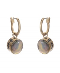Add shimmer to your summer style with breezy shells. Kenneth Cole New York earrings feature a traditional hoop design accented by an abalone shell drop. Crafted in gold tone mixed metal. Approximate drop: 1-1/4 inches. Add shimmer to your summer style with breezy shells. Kenneth Cole New York earrings feature a traditional hoop design accented by an abalone shell drop. Crafted in gold tone mixed metal. Approximate drop: 1-1/4 inches.