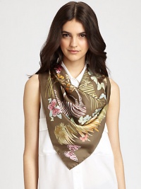 A sumptuous silk scarf dips into the wild with an abstract jungle print.SilkAbout 36 X 36Dry cleanMade in Italy