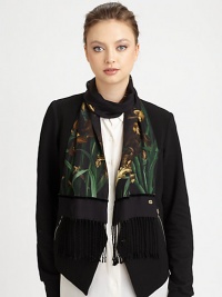 A beautiful iris print adorns sumptuous silk with hand-knotted fringe trim.SilkAbout 9 X 63Dry cleanMade in Italy A beautiful iris print adorns sumptuous silk with hand-knotted fringe trim.SilkAbout 9 X 63Dry cleanMade in Italy