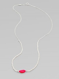A thin sterling silver chain, followed by a string of cultured freshwater pearls hold this whimsical enamel lip link. Sterling silver Cultured freshwater pearls Length, about 19 Spring ring clasp Made in Italy A thin sterling silver chain, followed by a string of cultured freshwater pearls hold this whimsical enamel lip link. Sterling silver Cultured freshwater pearls Length, about 19 Spring ring clasp Made in Italy