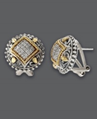 Beautifully crafted earrings to frame your face. These ornate stud earrings from Balissima by Effy Collection feature round-cut diamonds (1/4 ct. t.w.) in a diamond-shaped pattern. Setting features filigree sterling silver and 18k gold accents. Earrings have a post stud backing with clip. Approximate diameter: 11/16 inch. Beautifully crafted earrings to frame your face. These ornate stud earrings from Balissima by Effy Collection feature round-cut diamonds (1/4 ct. t.w.) in a diamond-shaped pattern. Setting features filigree sterling silver and 18k gold accents. Earrings have a post stud backing with clip. Approximate diameter: 11/16 inch.
