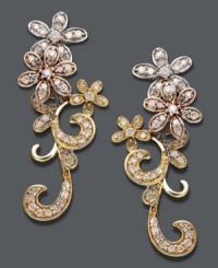 Frame your face with a delightful floral effect. Earrings feature a clever design that highlights intricate flowers and scrolls decorated by round-cut diamonds (3/4 ct. t.w.). Set in 14k rose gold, 14k gold, and 14k white gold. Approximate drop: 1 inch. Frame your face with a delightful floral effect. Earrings feature a clever design that highlights intricate flowers and scrolls decorated by round-cut diamonds (3/4 ct. t.w.). Set in 14k rose gold, 14k gold, and 14k white gold. Approximate drop: 1 inch.
