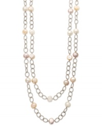 A long, luxurious layer. Pink and white cultured freshwater pearls (9-11 mm) adorn this oval link chain in polished sterling silver. Approximate length: 72 inches. A long, luxurious layer. Pink and white cultured freshwater pearls (9-11 mm) adorn this oval link chain in polished sterling silver. Approximate length: 72 inches.