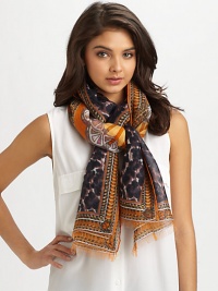 A luxurious wool, silk and cashmere blend in a graphic print inspired by the brand's Mediterranean history and architecture. 35% silk/35% cashmere/30% woolAbout 83 X 27Dry cleanMade in Italy A luxurious wool, silk and cashmere blend in a graphic print inspired by the brand's Mediterranean history and architecture. 35% silk/35% cashmere/30% woolAbout 83 X 27Dry cleanMade in Italy