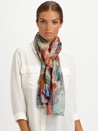 A brilliant watercolor design adds a splash of color to a woven cashmere and silk-blend style.55% cashmere/45% silkAbout 28 X 80Dry cleanImported A brilliant watercolor design adds a splash of color to a woven cashmere and silk-blend style.55% cashmere/45% silkAbout 28 X 80Dry cleanImported