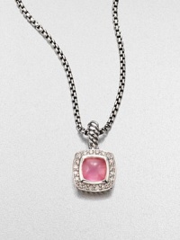From the Petite Albion Collection. Brilliant diamonds surround a pink chalcedony cabochon set in sterling silver on a box link chain. Pink chalcedonyDiamonds, .2 tcwSterling silverLength, about 17Pendant size, about .25Lobster clasp closureImported 