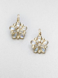 A pretty floral design in blue moonstone and radiant 18k gold, accented in brilliant diamonds. Blue moonstone18k goldDiamonds, .27 tcwSize, about .6Hinged hook backMade in Italy A pretty floral design in blue moonstone and radiant 18k gold, accented in brilliant diamonds. Blue moonstone18k goldDiamonds, .27 tcwSize, about .6Hinged hook backMade in Italy