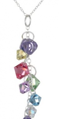Sterling Silver Multi-Colored Swarovski Elements Linear Drop Pendant Necklace with Rolo Chain, 18 Sterling Silver Multi-Colored Swarovski Elements Linear Drop Pendant Necklace with Rolo Chain, 18