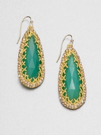 From the Elements Siyabona Collection. Faceted chrysoprase in a teardrop shape surrounded in Swarovski crystals in a goldtone setting. Goldtone Swarovski crystalsChrysopraseDrop, about 2.2514k gold filled French wire backMade in USA From the Elements Siyabona Collection. Faceted chrysoprase in a teardrop shape surrounded in Swarovski crystals in a goldtone setting. Goldtone Swarovski crystalsChrysopraseDrop, about 2.2514k gold filled French wire backMade in USA