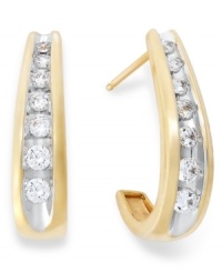 Elevate your look with a touch of sparkle. These unique J-hoop earrings feature channel-set, round-cut diamonds (1/2 ct. t.w.) in 14k gold. Approximate drop: 6/8 inch.