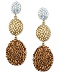 Sparkling sophistication. Three bubbly drops adorned with round-cut gold, white and brown crystals with Swarovski Elements create a playful look on Kaleidoscope's 18k gold over sterling silver earrings. Approximate drop: 1-3/4 inches. Sparkling sophistication. Three bubbly drops adorned with round-cut gold, white and brown crystals with Swarovski Elements create a playful look on Kaleidoscope's 18k gold over sterling silver earrings. Approximate drop: 1-3/4 inches.