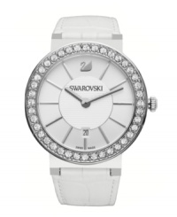 Silvery sparkle radiates from this lovely Citra watch by Swarovski. White croc-embossed leather strap and round stainless steel case. Bezel crystallized with Swarovski elements. Silvery white sunray dial with textured inner dial features applied silver tone stick indices, date window at six o'clock, logo at twelve o'clock and two hands. Swiss quartz movement. Water resistant to 30 meters. Two-year limited warranty. Silvery sparkle radiates from this lovely Citra watch by Swarovski. White croc-embossed leather strap and round stainless steel case. Bezel crystallized with Swarovski elements. Silvery white sunray dial with textured inner dial features applied silver tone stick indices, date window at six o'clock, logo at twelve o'clock and two hands. Swiss quartz movement. Water resistant to 30 meters. Two-year limited warranty.