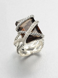 A beautiful emerald-cut smokey quartz stone wrapped in sterling silver cables and diamonds. Smokey quartzDiamonds, .5 tcwSterling silverWidth, about .78Imported A beautiful emerald-cut smokey quartz stone wrapped in sterling silver cables and diamonds. Smokey quartzDiamonds, .5 tcwSterling silverWidth, about .78Imported
