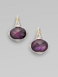 From the Contempo Collection. Cushion-cut pink corundum and black mother-of-pearl doublet sparkles in a textured sterling silver setting with 18k gold accents.Pink corundumBlack mother-of-pearlSterling silver18k goldDrop, about ¾Hinge-and-post backImported From the Contempo Collection. Cushion-cut pink corundum and black mother-of-pearl doublet sparkles in a textured sterling silver setting with 18k gold accents.Pink corundumBlack mother-of-pearlSterling silver18k goldDrop, about ¾Hinge-and-post backImported