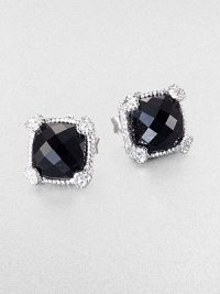 From the Linen Collection. A faceted black onyx cushion, dark and dramatic, contrasts elegantly with heart-shaped corner accents of white sapphires in a sterling silver setting.Black onyxWhite sapphireSterling silverAbout .33 squarePost backImported From the Linen Collection. A faceted black onyx cushion, dark and dramatic, contrasts elegantly with heart-shaped corner accents of white sapphires in a sterling silver setting.Black onyxWhite sapphireSterling silverAbout .33 squarePost backImported