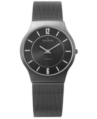 The perfect, stylish timepiece for the man with whose time is precious! The titanium bracelet and round, black dial combine for casual elegance. Features titanium case, date function and ultraslim Japanese quartz. Water resistant up to 3 ATM. Lifetime limited warranty. The perfect, stylish timepiece for the man with whose time is precious! The titanium bracelet and round, black dial combine for casual elegance. Features titanium case, date function and ultraslim Japanese quartz. Water resistant up to 3 ATM. Lifetime limited warranty.
