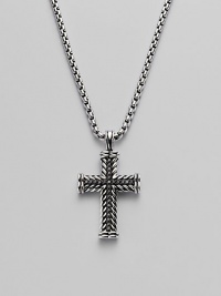 A finely detailed silver chevron cross pendant is centered with brilliant black pavé diamonds. Diamonds, 0.65 tcw Chain length 22 Imported A finely detailed silver chevron cross pendant is centered with brilliant black pavé diamonds. Diamonds, 0.65 tcw Chain length 22 Imported