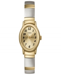 Sleek and elegance, this Timex watch features a goldtone and silvertone stainless steel bracelet and oval mixed metal case. Goldtone dial with black numerals and logo. Analog movement. One-year limited warranty. Sleek and elegance, this Timex watch features a goldtone and silvertone stainless steel bracelet and oval mixed metal case. Goldtone dial with black numerals and logo. Analog movement. One-year limited warranty.