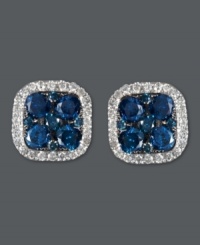 These stud earrings have it all - a playful square shape, a little shine, and a lot of color! Bella Bleu by Effy Collection combines round-cut blue diamonds (1 ct. t.w.) and white diamonds (1/5 ct. t.w.) in a polished, 14k white gold post setting. Approximate diameter: 3/8 inch.