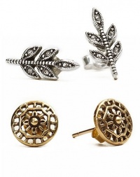 VINTAGE LOOK LUCKY 2 TWO PAIR STUD SET RHINESTONE & SILVERY LEAF AND TRIBAL CIRCLE OPENWORK GOLD-TONE BRAND STUD EARRINGS VINTAGE LOOK LUCKY 2 TWO PAIR STUD SET RHINESTONE & SILVERY LEAF AND TRIBAL CIRCLE OPENWORK GOLD-TONE BRAND STUD EARRINGS