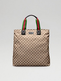 Tote with top handle and top zip. Inside zip pocket Cotton lining Original GG pattern Green/red/green web handles 16W X 16H X 4D Made in Italy Tote with top handle and top zip. Inside zip pocket Cotton lining Original GG pattern Green/red/green web handles 16W X 16H X 4D Made in Italy