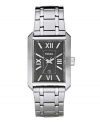 Accentuate your sophistication with this timeless Franklin collection watch from Fossil. Stainless steel bracelet and rectangular case. Textured black dial features silvertone stick indices, Roman numerals at twelve, three, six and nine o'clock, date window, luminous hands and logo. Quartz movement. Water resistant to 50 meters. Eleven-year limited warranty. Accentuate your sophistication with this timeless Franklin collection watch from Fossil. Stainless steel bracelet and rectangular case. Textured black dial features silvertone stick indices, Roman numerals at twelve, three, six and nine o'clock, date window, luminous hands and logo. Quartz movement. Water resistant to 50 meters. Eleven-year limited warranty.