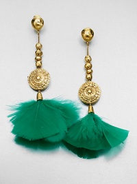 Beautifully textured feathers add exoticism and color to this goldtone drop design. GoldtoneFeathersDrop, about 4.5Clip-on backImported Beautifully textured feathers add exoticism and color to this goldtone drop design. GoldtoneFeathersDrop, about 4.5Clip-on backImported