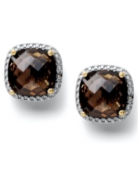 Up your glam factor. Victoria Townsend's stunning stud earrings feature cushion-cut smokey topaz (12 ct. t.w.) and sparkling diamond accents. Crafted in 18k gold over sterling silver. Approximate diameter: 1/2 inch.