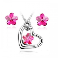 Contessa Bella Fancy Genuine 18k White Gold Plated Hot Pink Swarovski Austrian Crystal Heart and Flower Pendant Women Necklace and Earrings Set Elegant Silver Color Crystal Jewelry N9906