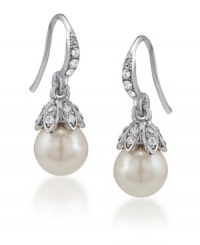Lovely and luminous. Glass pearls enhanced by sparkling glass accents adorn these delicate drop earrings from Carolee. Crafted in silver tone mixed metal, they'll add a dressy dimension to your look for daytime or evening. Approximate drop: 1-13/16 inches. Lovely and luminous. Glass pearls enhanced by sparkling glass accents adorn these delicate drop earrings from Carolee. Crafted in silver tone mixed metal, they'll add a dressy dimension to your look for daytime or evening. Approximate drop: 1-13/16 inches.