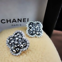 Four-leafed Clover Black Crystal Silver Frame Stud Earrings