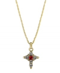 Discover style to express your devotion. Vatican design features a beautifully intricate cross highlighting a square-cut red crystal and round-cut clear crystals. Setting and chain crafted in gold tone mixed metal. Approximate length: 16 inches + 2-inch extender. Approximate drop: 3/4 inch. Discover style to express your devotion. Vatican design features a beautifully intricate cross highlighting a square-cut red crystal and round-cut clear crystals. Setting and chain crafted in gold tone mixed metal. Approximate length: 16 inches + 2-inch extender. Approximate drop: 3/4 inch.