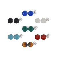 Set of 7 Sterling Silver Gemstone Stud Earrings (Blue Agate, Black Agate, Green Agate, Rose Quartz, Amazonite, Carnelian, Tiger Eye), 8-8.5mm