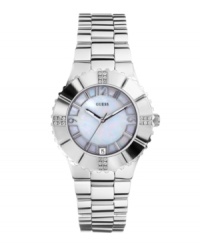 A mother-of-pearl dial and crystal accents punch up a classic timepiece by GUESS. A mother-of-pearl dial and crystal accents punch up a classic timepiece by GUESS.