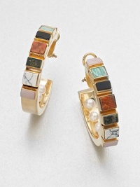 From the Metalphysic Collection. These stunning arcs of chunky semi-precious stones, accented inside with creamy freshwater pearls, are wonderfully described by their designer as macromosaic.Howlite, pink opal, black onyx and madrepora stonesFreshwater pearls18k goldplated sterling silverDiameter, about 1¾Post back with safety claspMade in Italy From the Metalphysic Collection. These stunning arcs of chunky semi-precious stones, accented inside with creamy freshwater pearls, are wonderfully described by their designer as macromosaic.Howlite, pink opal, black onyx and madrepora stonesFreshwater pearls18k goldplated sterling silverDiameter, about 1¾Post back with safety claspMade in Italy