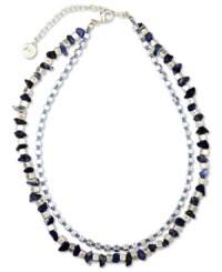 Jones New York's edgy two-row necklace channels plenty of attitude with blue semi-precious and metal beads. Crated in worn silver tone mixed metal. Approximate length: 17 inches + 3-inch extender. Jones New York's edgy two-row necklace channels plenty of attitude with blue semi-precious and metal beads. Crated in worn silver tone mixed metal. Approximate length: 17 inches + 3-inch extender.