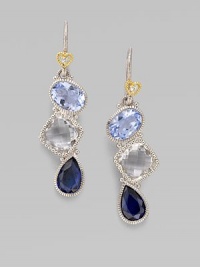From the Prism Collection. A geometric trio of sparkling stones - blue quartz, blue corundum, and crystal - is topped off by a heart-framed white sapphire, all edged in sterling silver.White sapphire, blue quartz, blue corundum, and crystal Sterling silver Length, about 1¾ Ear wire Imported From the Prism Collection. A geometric trio of sparkling stones - blue quartz, blue corundum, and crystal - is topped off by a heart-framed white sapphire, all edged in sterling silver.White sapphire, blue quartz, blue corundum, and crystal Sterling silver Length, about 1¾ Ear wire Imported