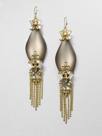 From the Lucite Teatro Moderne Collection. Marquis-shaped drops of hand-painted, hand-sculpted Lucite are capped top and bottom by clusters of faceted Swarovski crystals, and accented with dangling ball-chain fringe.CrystalLuciteGoldtoneLength, about 4.6Ear wireMade in USA From the Lucite Teatro Moderne Collection. Marquis-shaped drops of hand-painted, hand-sculpted Lucite are capped top and bottom by clusters of faceted Swarovski crystals, and accented with dangling ball-chain fringe.CrystalLuciteGoldtoneLength, about 4.6Ear wireMade in USA
