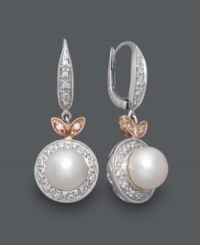 Elegance defined. Frame your face with sophisticated drops. Belle de Mer's cultured freshwater pearls (6-1/2-7 mm), round-cut white diamonds (1/5 ct. t.w.) and sparkling pink sapphire accents shine in a 14k white gold and 14k rose told setting. Approximate drop: 1-1/4 inches. Elegance defined. Frame your face with sophisticated drops. Belle de Mer's cultured freshwater pearls (6-1/2-7 mm), round-cut white diamonds (1/5 ct. t.w.) and sparkling pink sapphire accents shine in a 14k white gold and 14k rose told setting. Approximate drop: 1-1/4 inches.